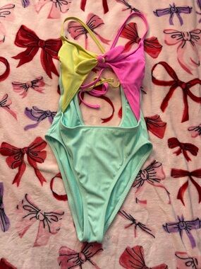 Xhilaration Pink, Mint & Yellow Colorblock Knot One-Piece Swimsuit